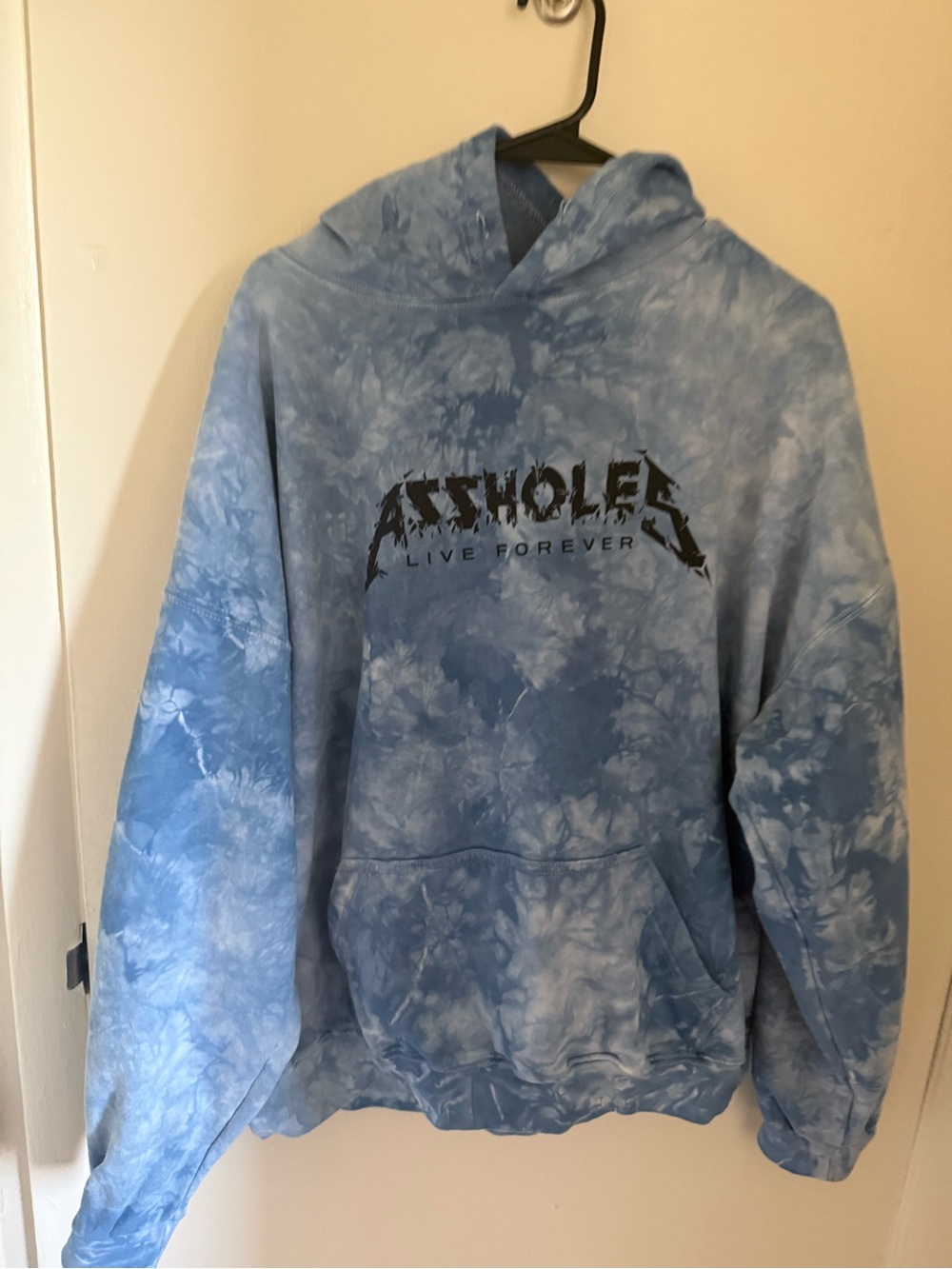 Tie-Dye Blue Graphic Hoodie with 'ASSHOLES LIVE FOREVER' Print